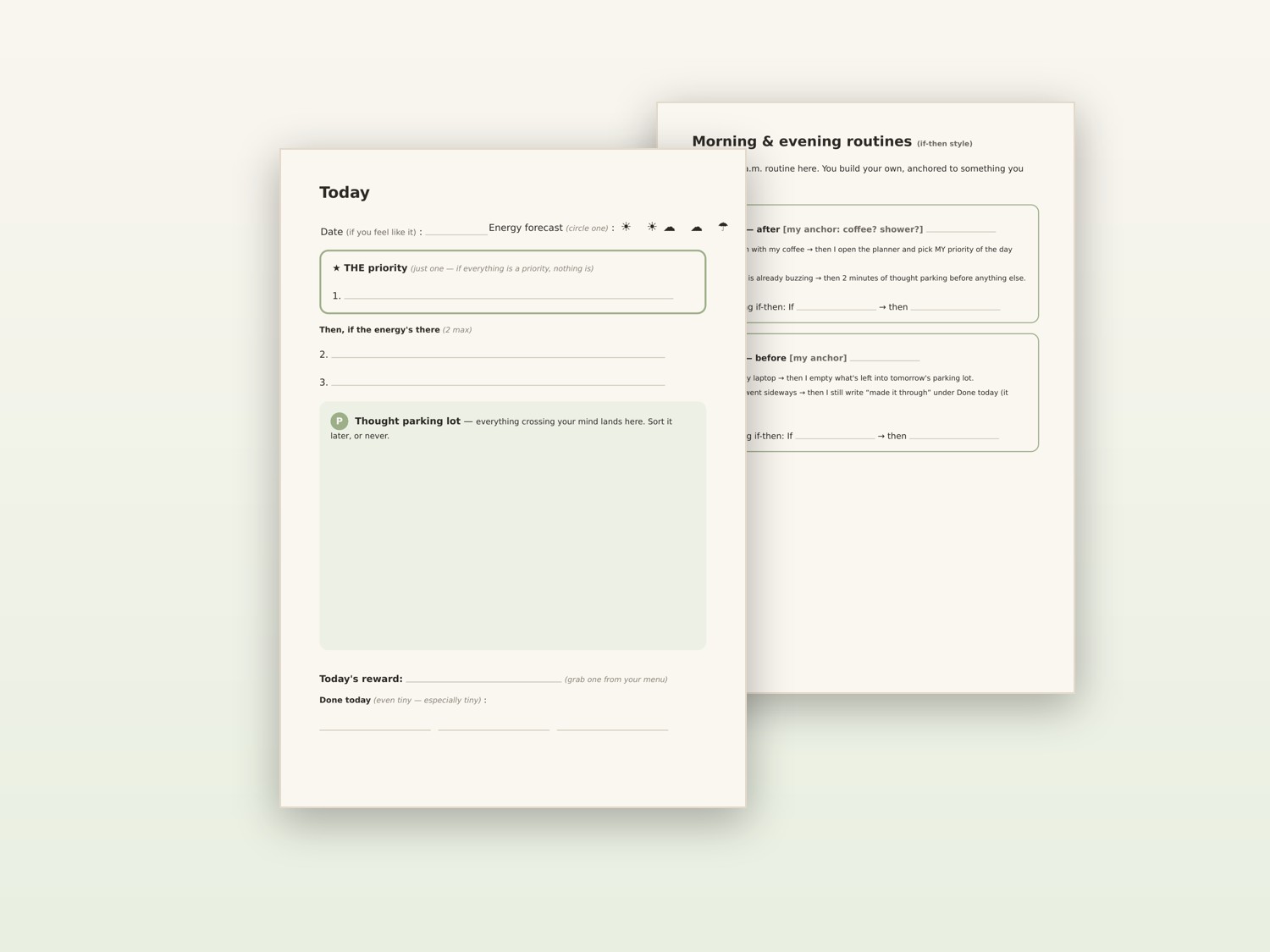 The Focus Reset planner, open: today’s page and morning and evening routines