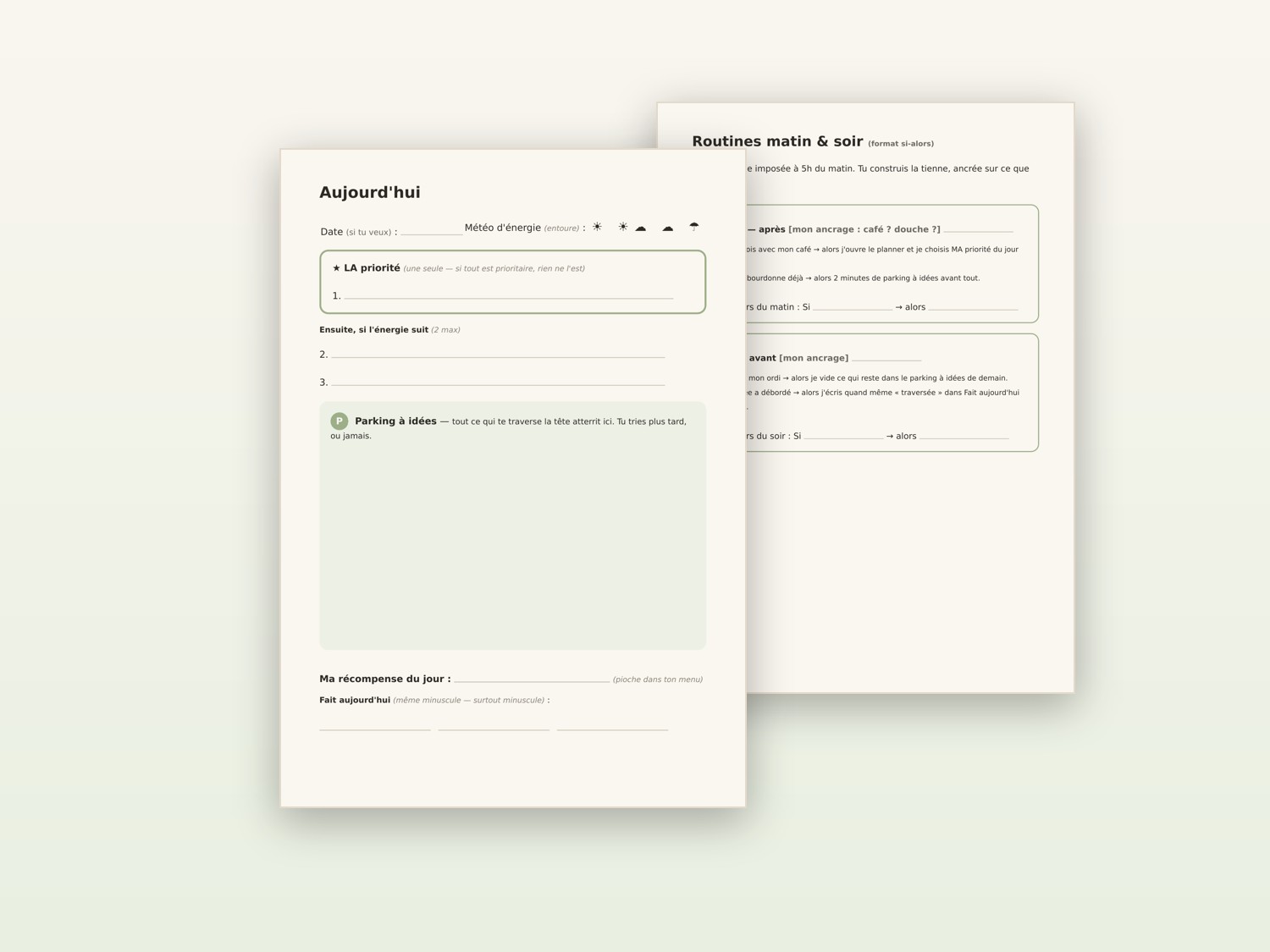 Le planner Focus Reset ouvert : la page du jour et les routines matin et soir