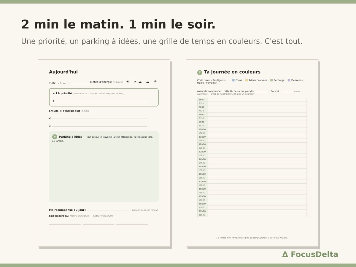 Aperçu du planner Focus Reset : pages quotidiennes crème et vert sauge